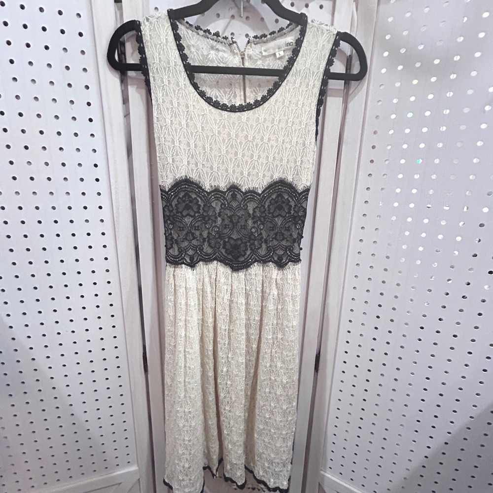 Aniina Lace Dress Black Ivory‎ Sheer Overlay Cutout Back Zipper Size L